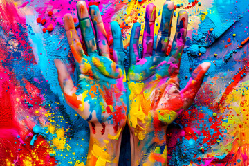 Person's hands covered in multi - colored paint on blue background.