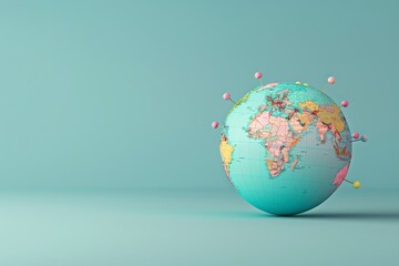 A globe with many pins on it, with a colorful background