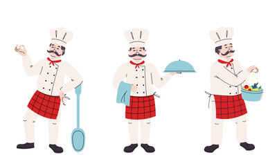 Different poses of chef. Male character in doodle style.