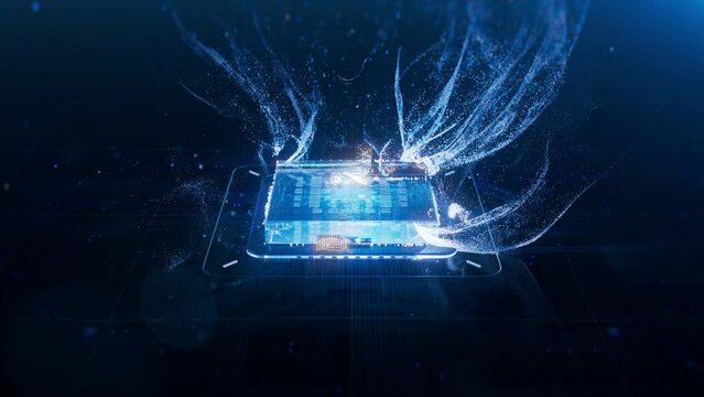 Forming of Futuristic High Performance GPU Chip for Artificial Intelligence Compute. Creation of Advanced Glass Microchip. Microchip Activation. Particles Floating Around