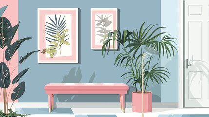 Interior of modern hallway with pink bench and houseplant