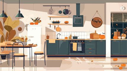 Interior of modern kitchen with fresh pumpkins dining