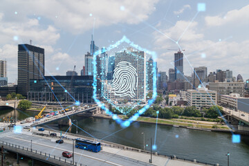 Philadelphia cityscape with a futuristic hologram of a fingerprint, double exposure, bright day....