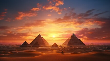 Pyramids at sunset in Egypt. Fantasy Egyptian landscape, fiction view. Scenery of desert.