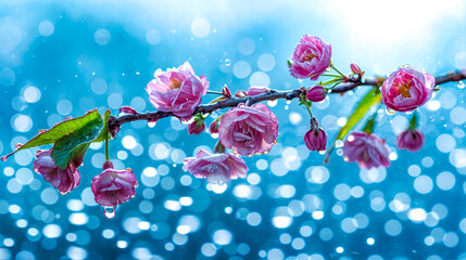 Branch of tree with pink flowers and water droplets on it's leaves.