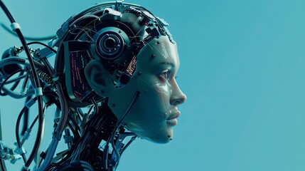 Side view of futuristic female robot on blue background, wires connecting body to head - Generative AI technology