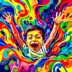 Painting of little boy with his arms in the air and his hands in the air.