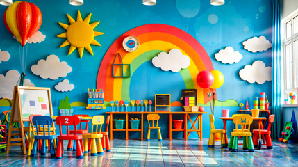 Child's playroom with rainbow painted on the wall and toys on the floor.