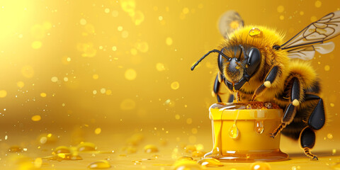 Bee with a pot of honey on a yellow background with bokeh and copy space, close-up.
