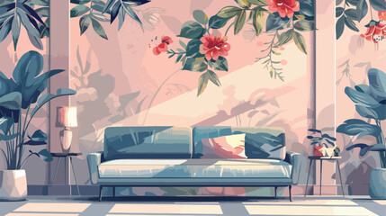 Interior of modern room with sofa and floral decor Vector