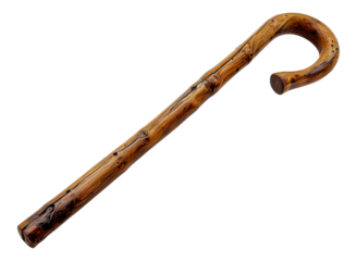 Isolated rustic wooden walking cane, cut out - stock png.