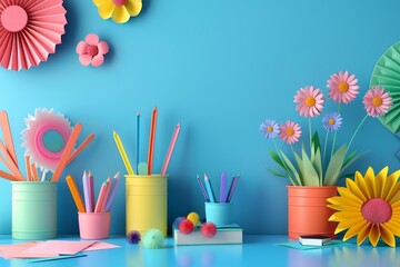 A classroom with a chalkboard and colorful balloons