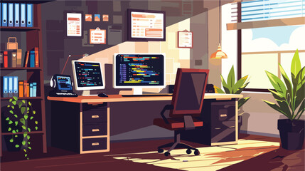 Interior of office with programmers workplaces Vector