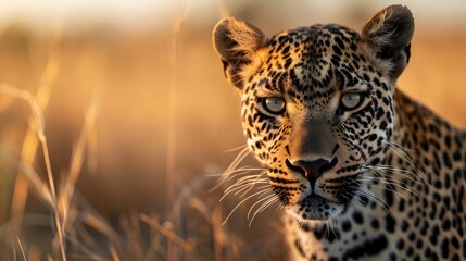 A close-up portrait of an African leopard, showcasing its intense gaze and detailed fur texture...