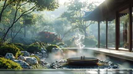 A 3D serene Zen garden with incense smoke gently wafting through the air, creating a tranquil atmosphere