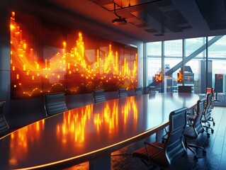 A corporate presentation room with a 3D graph made of flames, impressing investors with hot revenue trends