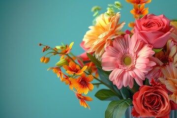 A vase filled with colorful flowers sits on a colorful background