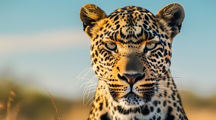 A closeup portrait of an African leopard, showcasing its intense gaze and majestic features against the backdrop of the savanna in South Africa.