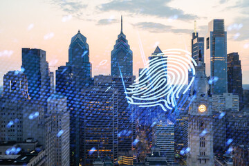 Philadelphia cityscape at dusk with a fingerprint hologram overlay representing security and...