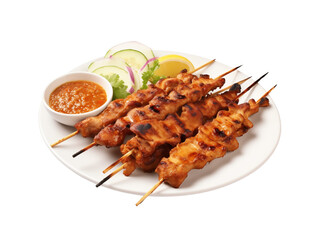 Grilled chicken satay skewers served with a creamy peanut sauce, placed on a banana leaf and white plate. Generative AI