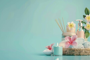 A basket of bath items is displayed on a table with candles and flowers