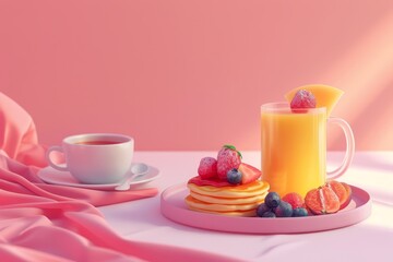 A tray of pancakes, orange juice, and strawberries is set on a table