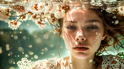 Woman with flowers in her hair under water with bubbles on her face.