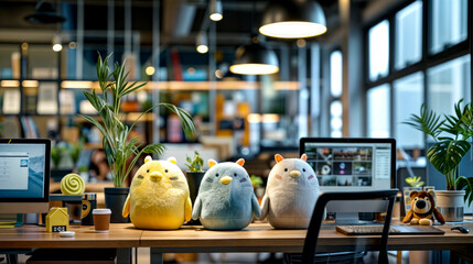 Group of stuffed animals sitting on top of table next to laptop.