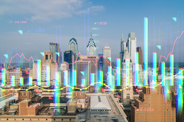 Philadelphia skyline overlaid with bright, colorful holographic data bars and lines. Double exposure