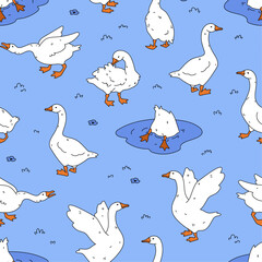 Goose seamless pattern. Cute cartoon ducks on blue background. Hand drawn vector illustration. Texture for print, textile, fabric