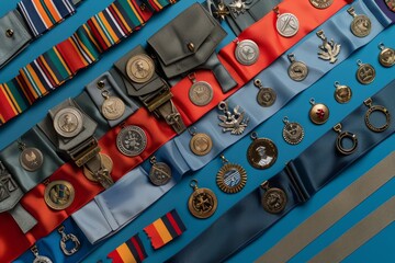 A collection of medals and ribbons are displayed on a table