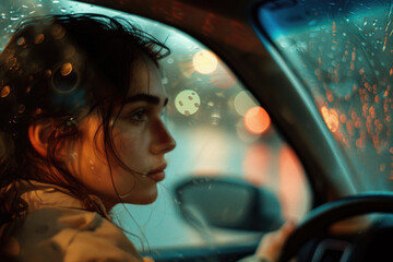 A young woman driving a car.

