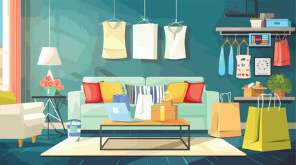 Interior of stylish living room with shopping bags bo