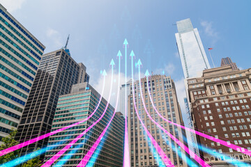 Philadelphia skyline with futuristic hologram arrows, representing technology and growth, on a...