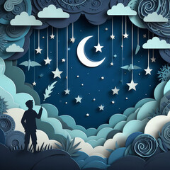 Naklejka premium the night sky with a Background of Clouds and Stars in Cut and Paste Paper Style