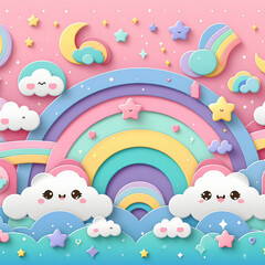 Fantasy Pastel Colorful Sky with Clouds and Stars Background in Paper Cut and Paste