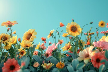Obraz premium A field of flowers with a blue sky in the background