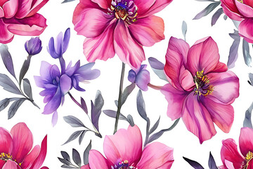 Obraz premium Watercolor Pink and purple flowers in various shapes and sizes. on a white background