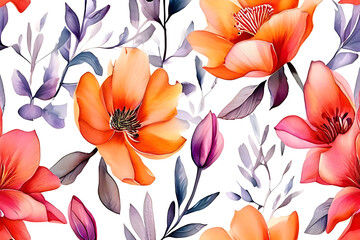 Watercolor colorful flower pattern flower blooming period Scattered on a white background