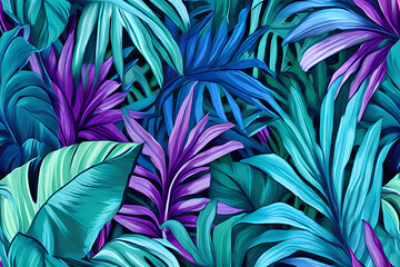 Watercolor painting of blue and purple tropical leaves scattered on a dark background. Leaves come in many shapes and sizes.