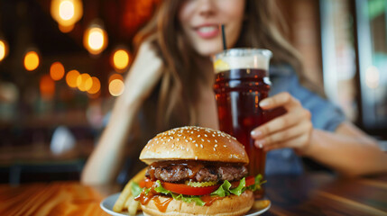 Young woman with tasty burger and soda at table