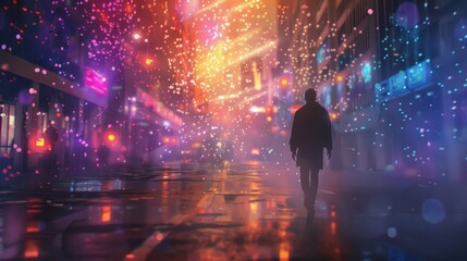 A man walking through a city street surrounded by holographic adver for magic spells and enchanted potions..