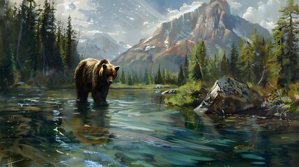 A dignified bear wading through a crystal-clear mountain stream, 4k wallpaper - Powered by Adobe