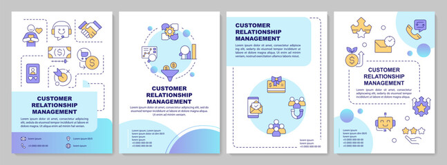 CRM system features blue gradient brochure template. Leaflet design with linear icons. Editable 4 vector layouts for presentation, annual reports. Arial-Bold, Myriad Pro-Regular fonts used