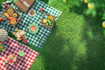 A checkered picnic blanket is spread out on a grassy field