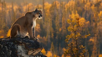 A fierce puma crouched on a rocky ledge,4k wallpaper