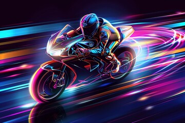 Bathed in neon light, a futuristic motorcycle with an aerodynamic design races across a black canvas. The rider leans forward in a dynamic stance, leaving behind a trail of colorful light streaks. - obrazy, fototapety, plakaty