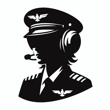 A black and white illustration of a female pilot wearing a hat and headphones.