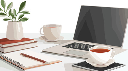 Laptop cup of tea and stationery on table Vector illustration