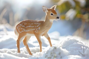 A deer stands in the snow with its antlers raised